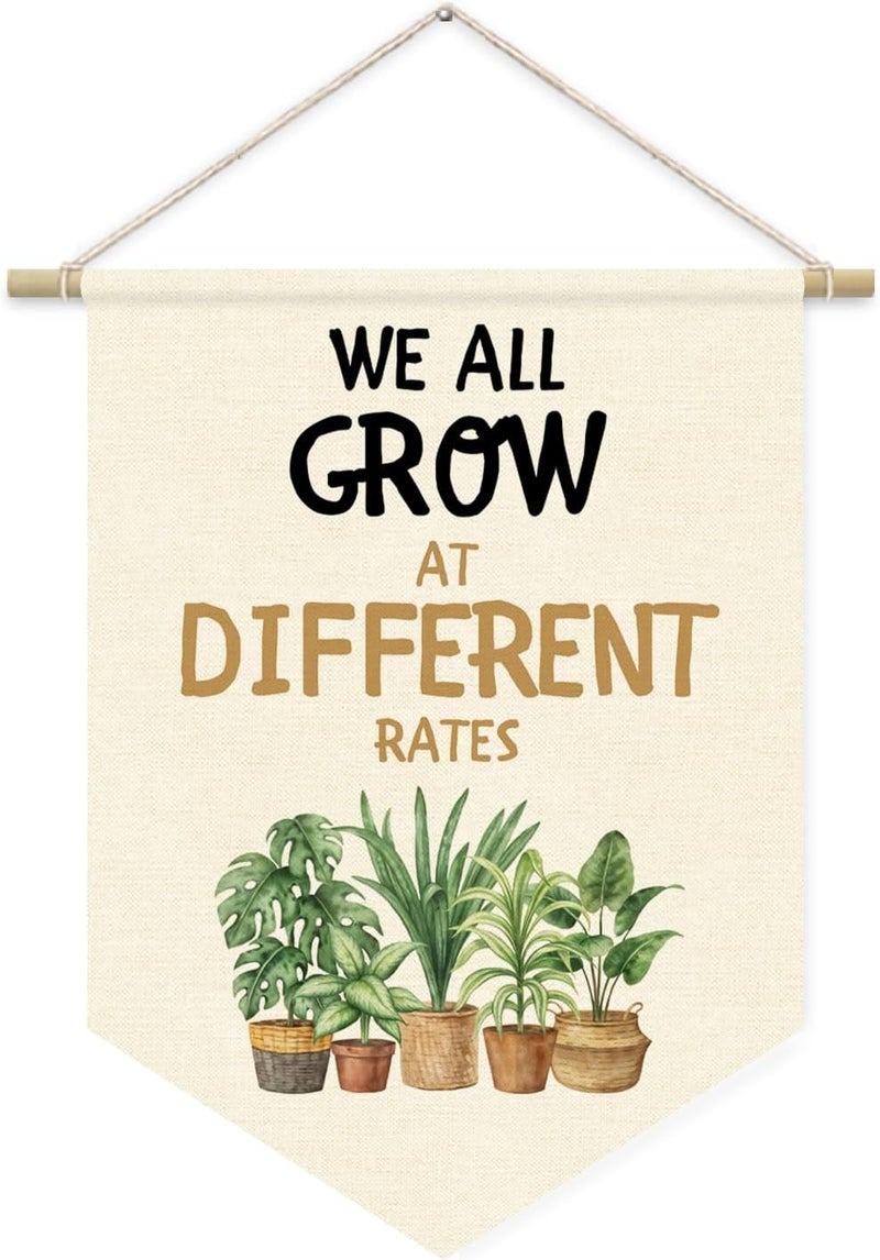 ETVISO Boho Classroom Decor, Positive Affirmations Green Wall Decor Canvas Banner, Greenery Plant Classroom We All Grow at Different Rates, Wall Hanging Pennant Flag Banner 15x11in - Image 1